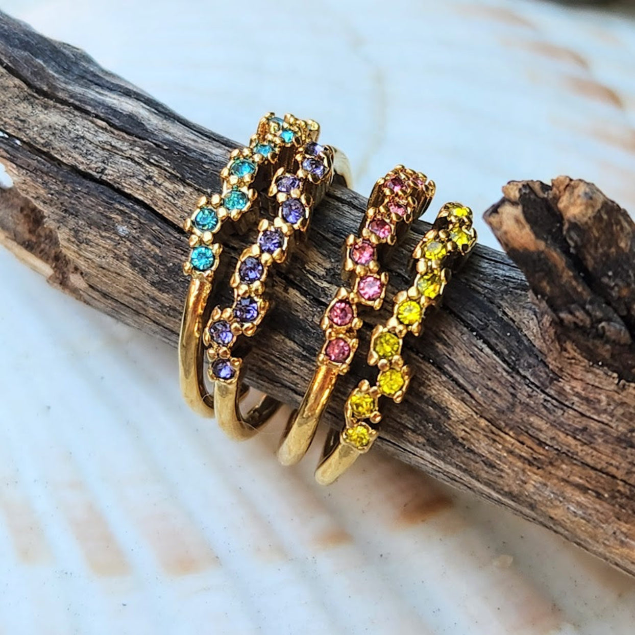 WAVES - PERIDOT / RUBY / SAPPHIRE / AQUAMARINE / CITRINE & AMETHYST 18K RINGS - ADJUSTABLE WATERPROOF