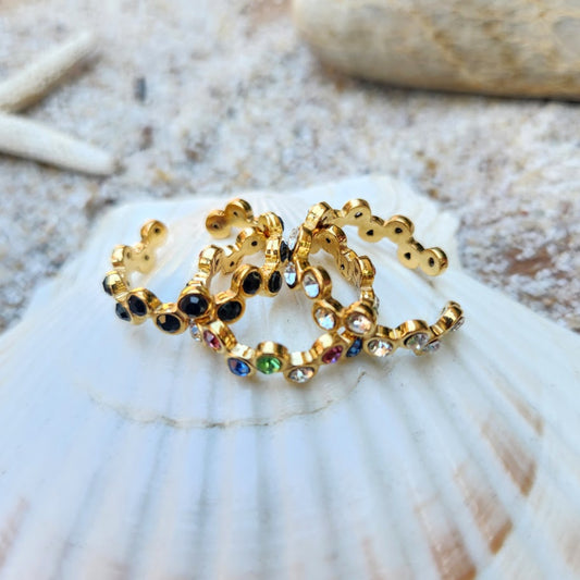 LITTLE WAVES  - ADJUSTABLE BLACK / RAINBOW / CRYSTAL WATERPROOF GOLD RINGS