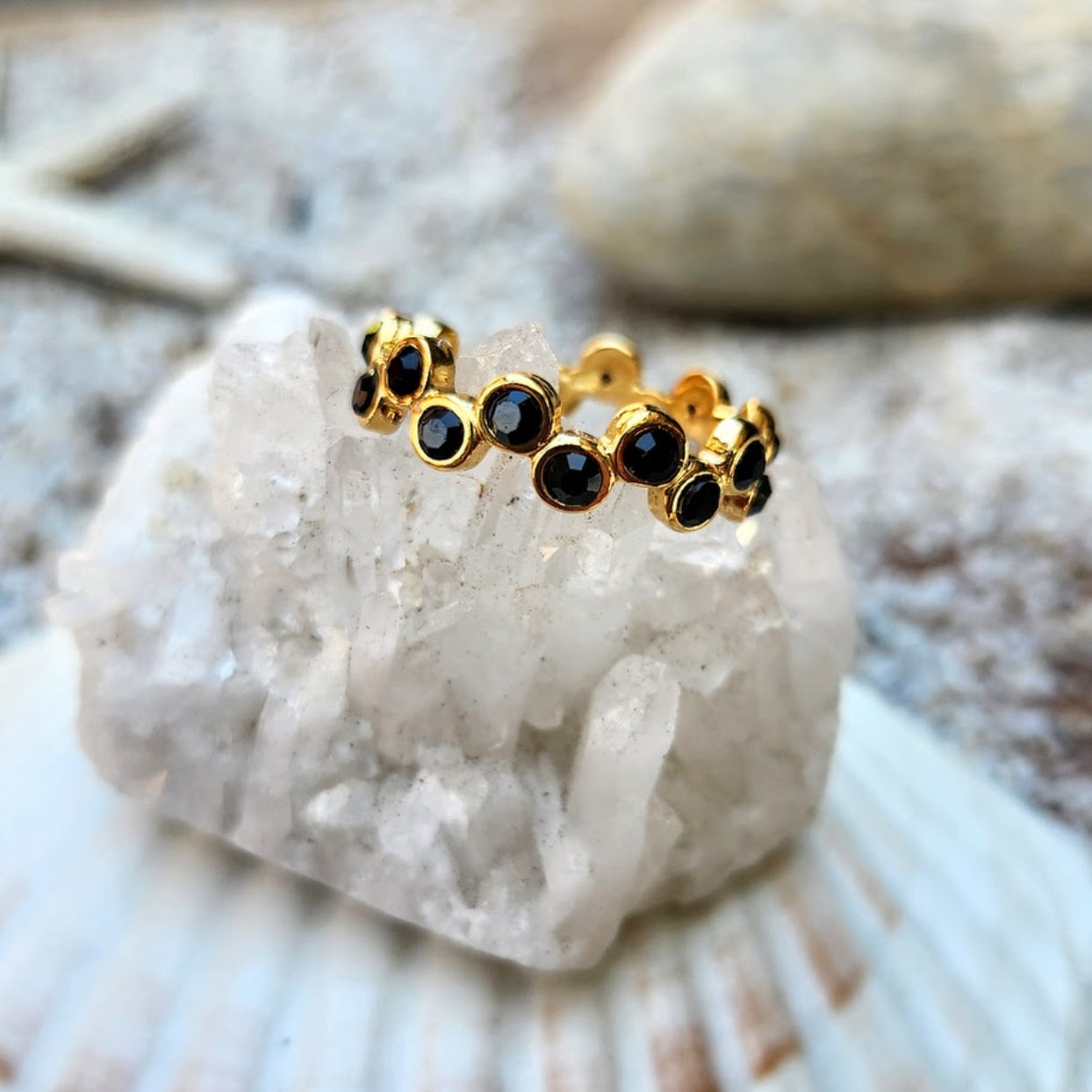 LITTLE WAVES  - ADJUSTABLE BLACK / RAINBOW / CRYSTAL WATERPROOF GOLD RINGS