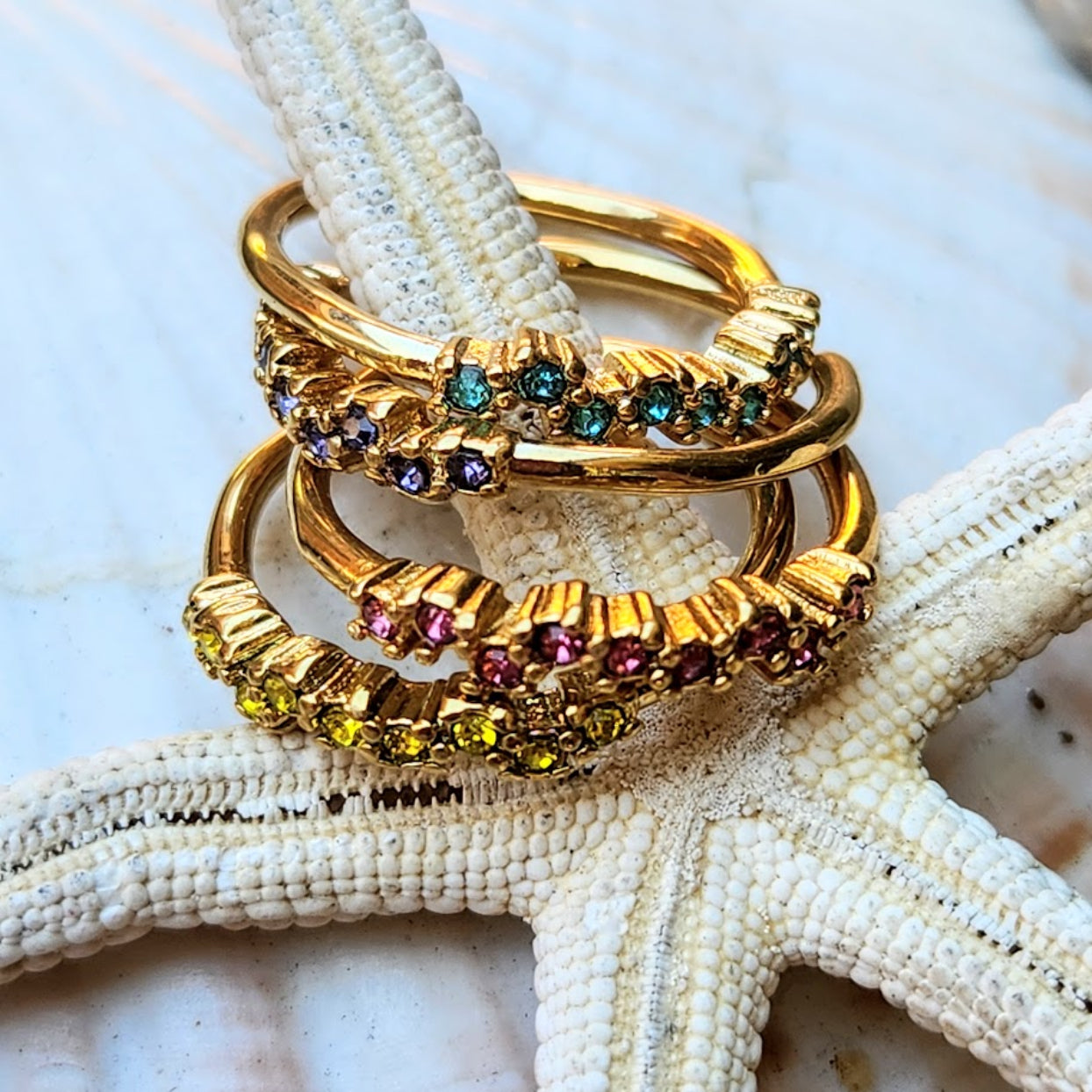 WAVES - PERIDOT / RUBY / SAPPHIRE / AQUAMARINE / CITRINE & AMETHYST 18K RINGS - ADJUSTABLE WATERPROOF