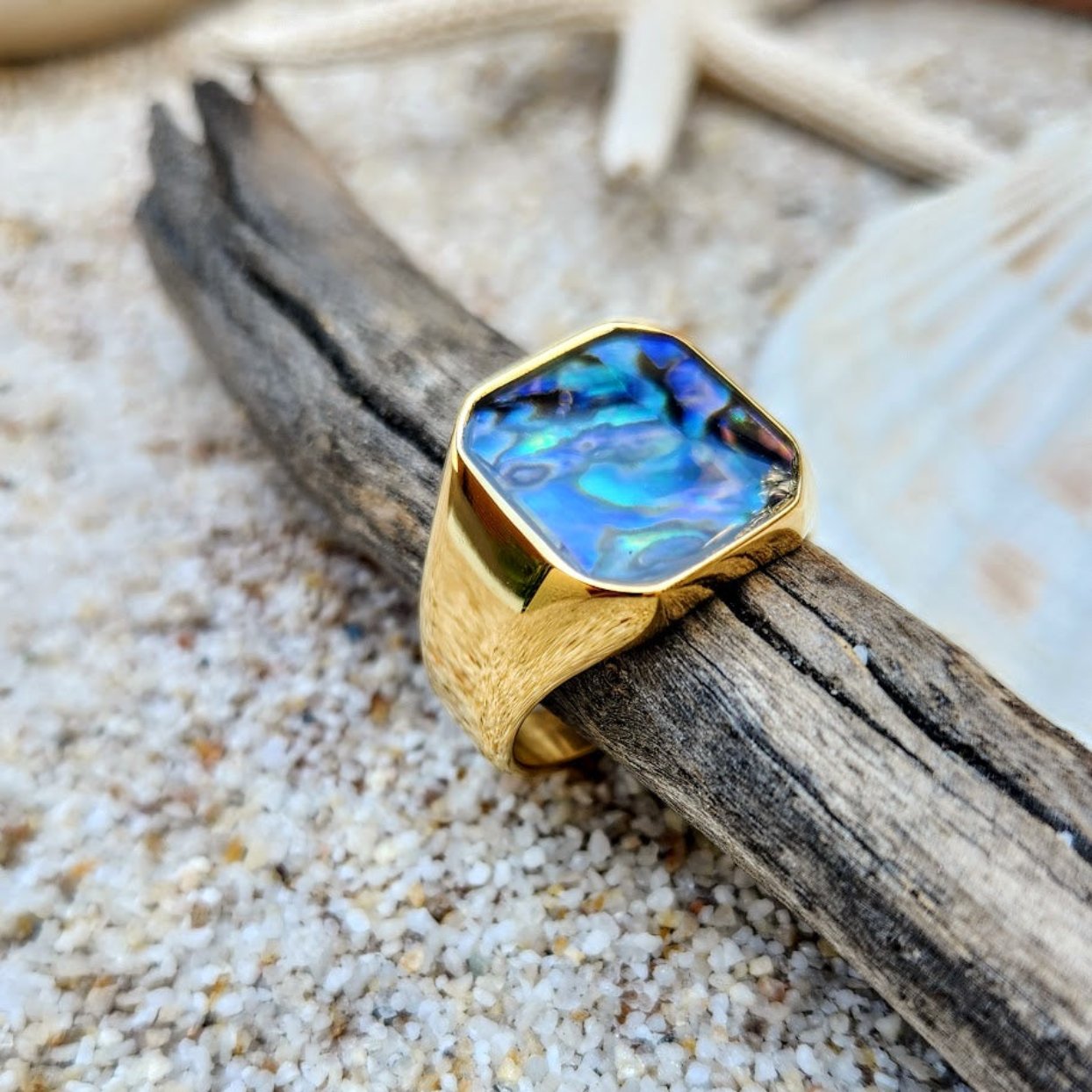 PAUA SHELL SIGNET WATERPROOF 18K GOLD OR SILVER MEN'S RING