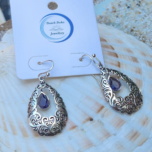 AMETHYST FILIGREE SILVER DROPS -  925 SILVER EARRINGS