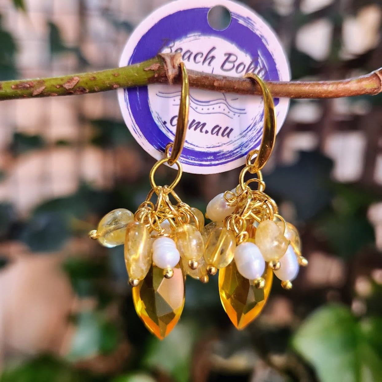 SUN & SEA - CITRINE POLISHED STONE & BABY BAROQUE PEARL HOOK EARRINGS - Premium earrings from www.beachboho.com.au - Just $85! Shop now at www.beachboho.com.au