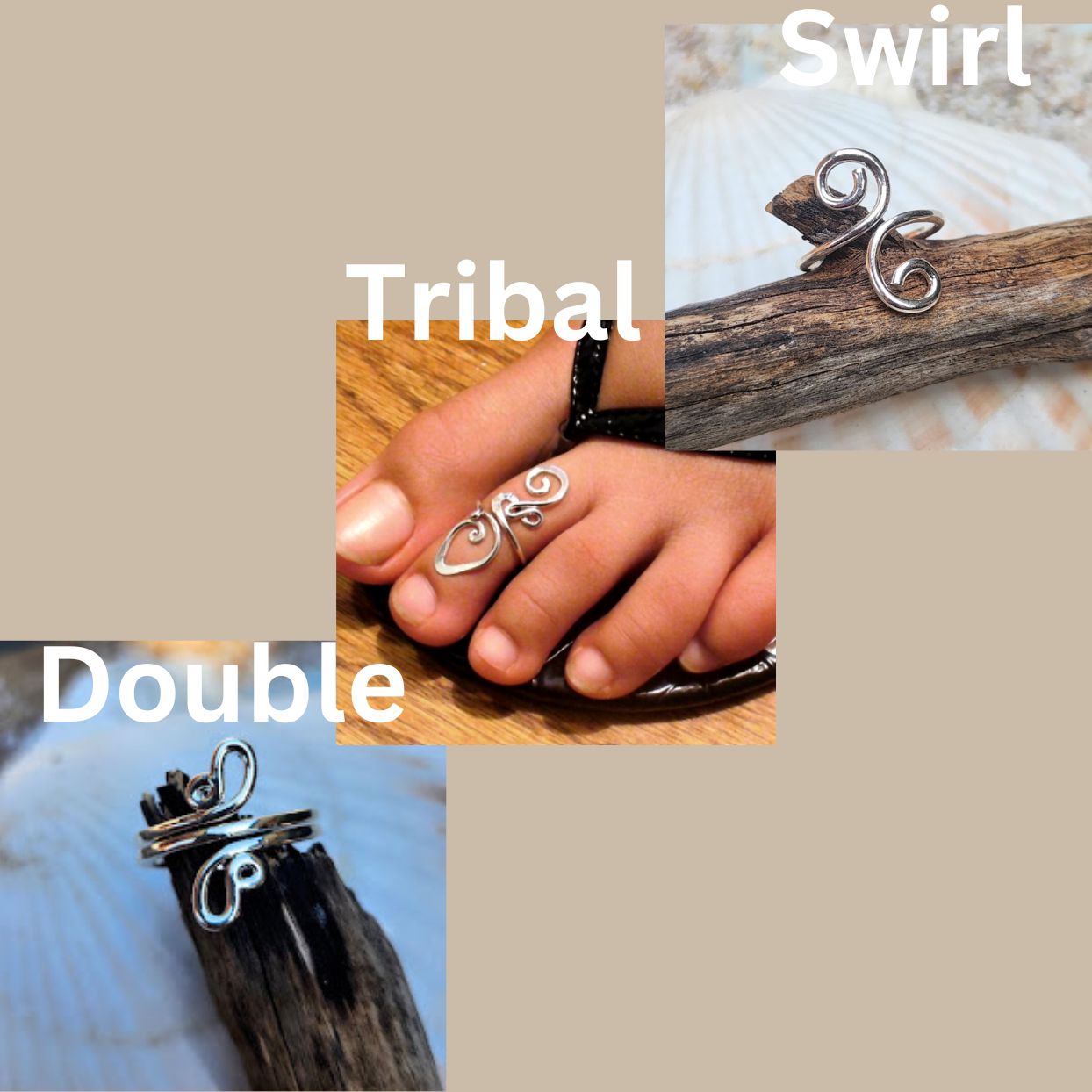 TRIBAL TOE RINGS  - SILVER WATERPROOF CHOICE OF 3 DESIGNS