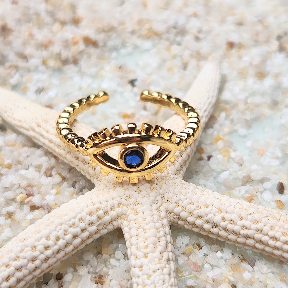 EVIL EYE ADJUSTABLE WATERPROOF GOLD RING www.beachboho .au