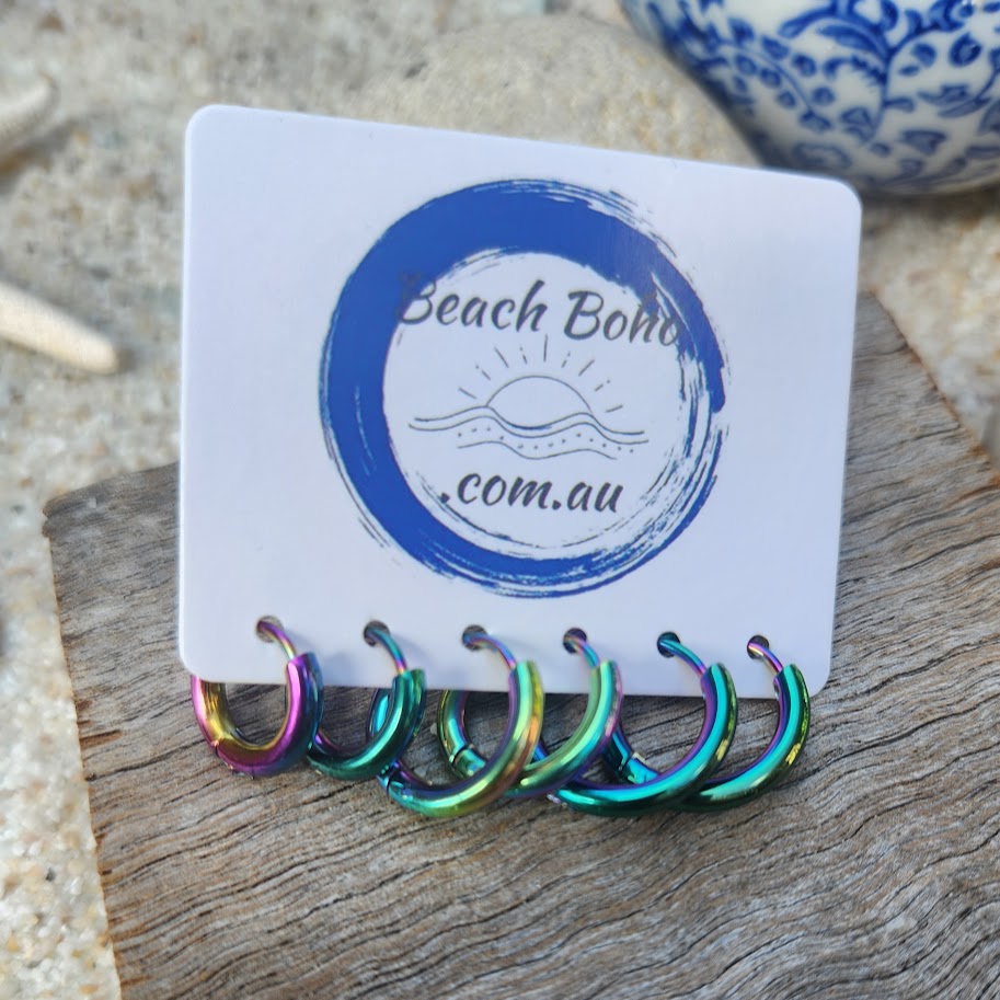 GOLD / SILVER / MULTICOLOUR & BLACK  SET OF 3 WATERPROOF HUGGIES 8/10/12mm - Premium earrings from www.beachboho.com.au - Just $57! Shop now at www.beachboho.com.au