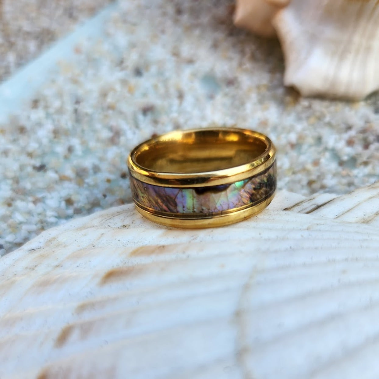 PAUA SHELL ABALONE 18K GOLD WATERPROOF RING