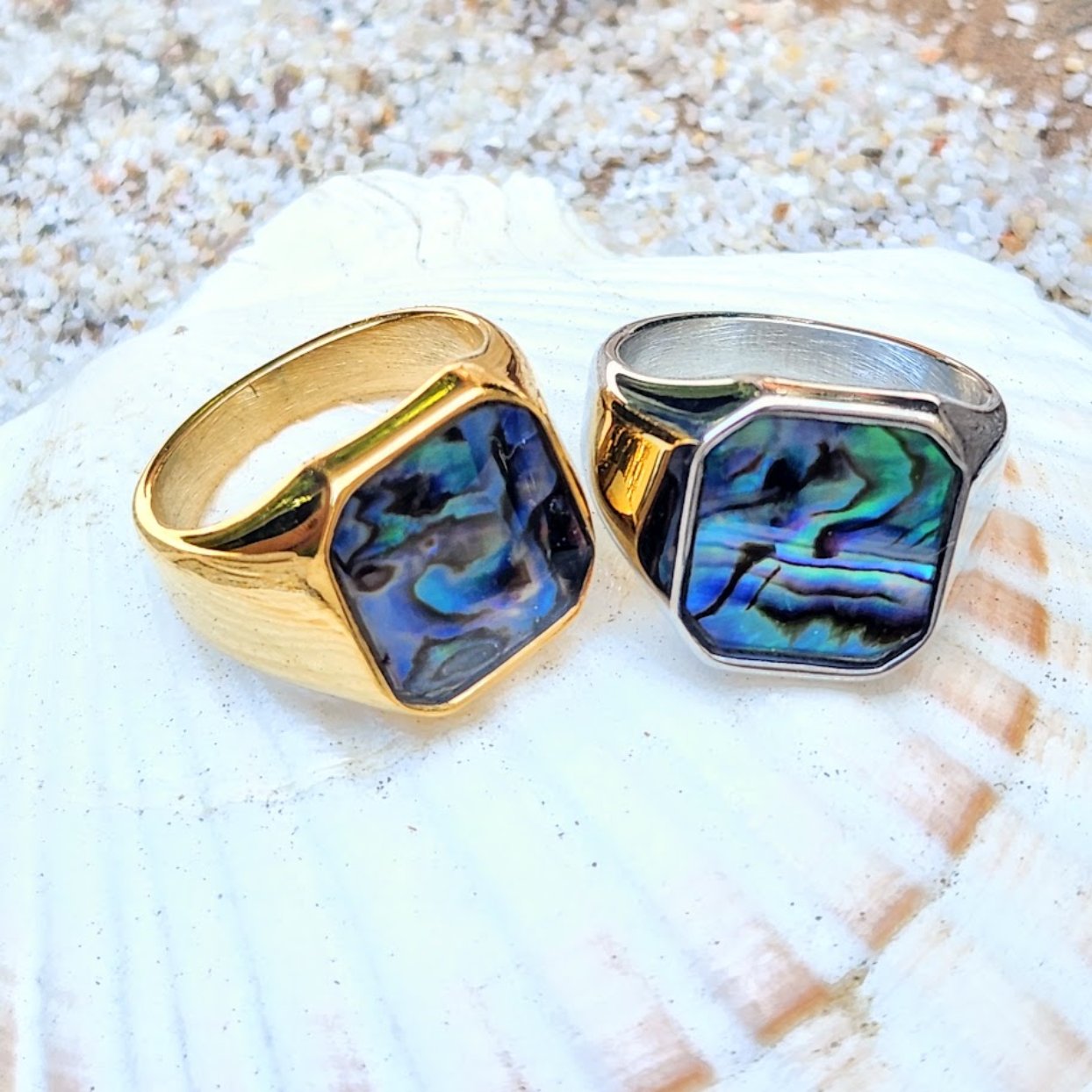 PAUA SHELL SIGNET WATERPROOF 18K GOLD OR SILVER MEN'S RING