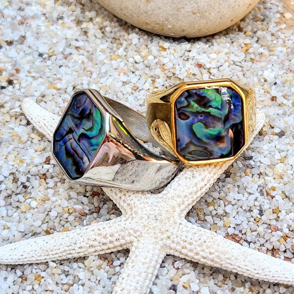 PAUA SHELL SIGNET WATERPROOF 18K GOLD OR SILVER MEN'S RING