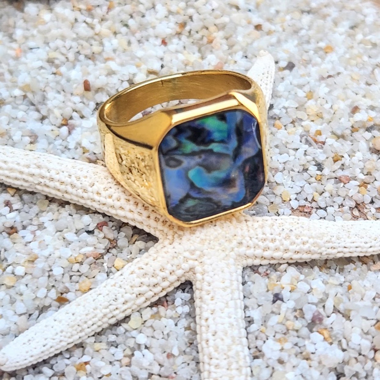 PAUA SHELL SIGNET WATERPROOF 18K GOLD OR SILVER MEN'S RING