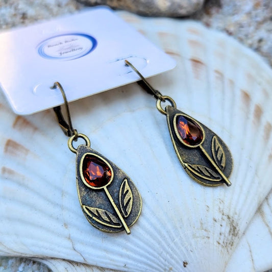 AMBER LEAVES  - COPPER CRYSTAL HANDMADE HOOK EARRINGS