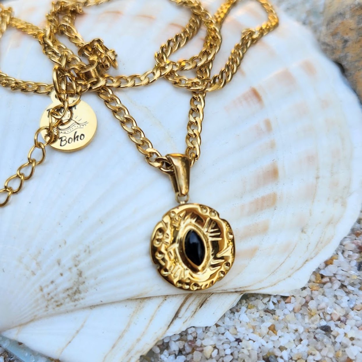 EYE OF BLACK - WATERPROOF 18K GOLD ONYX STONE PENDANT NECKLACE