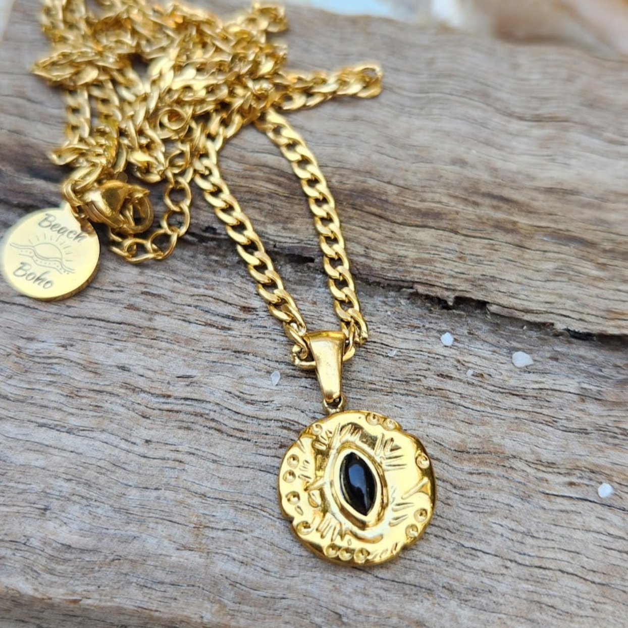 EYE OF BLACK - WATERPROOF 18K GOLD ONYX STONE PENDANT NECKLACE