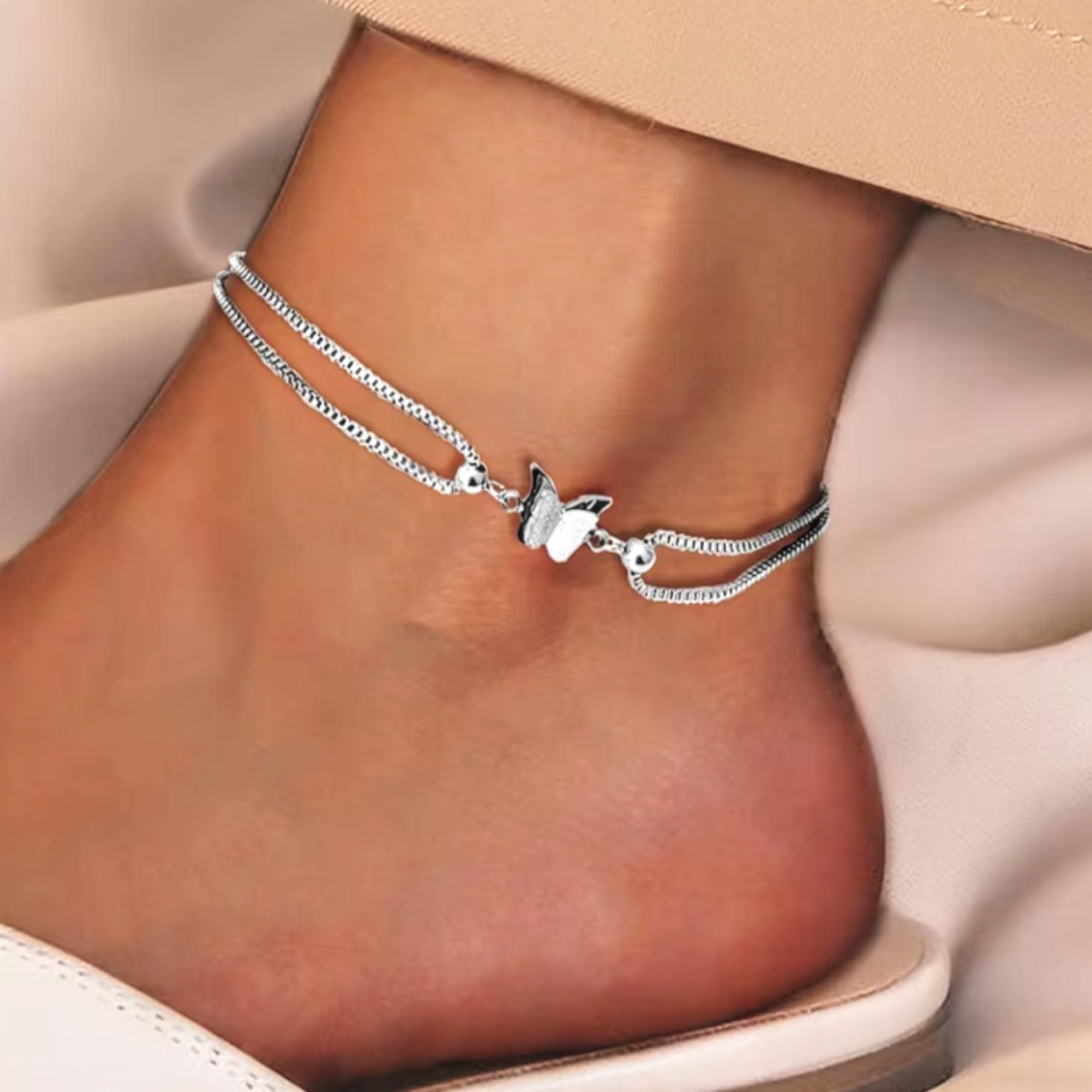 TRANSFORMATION DOUBLE CHAIN BUTTERFLY GOLD OR SILVER WATERPROOF ANKLET