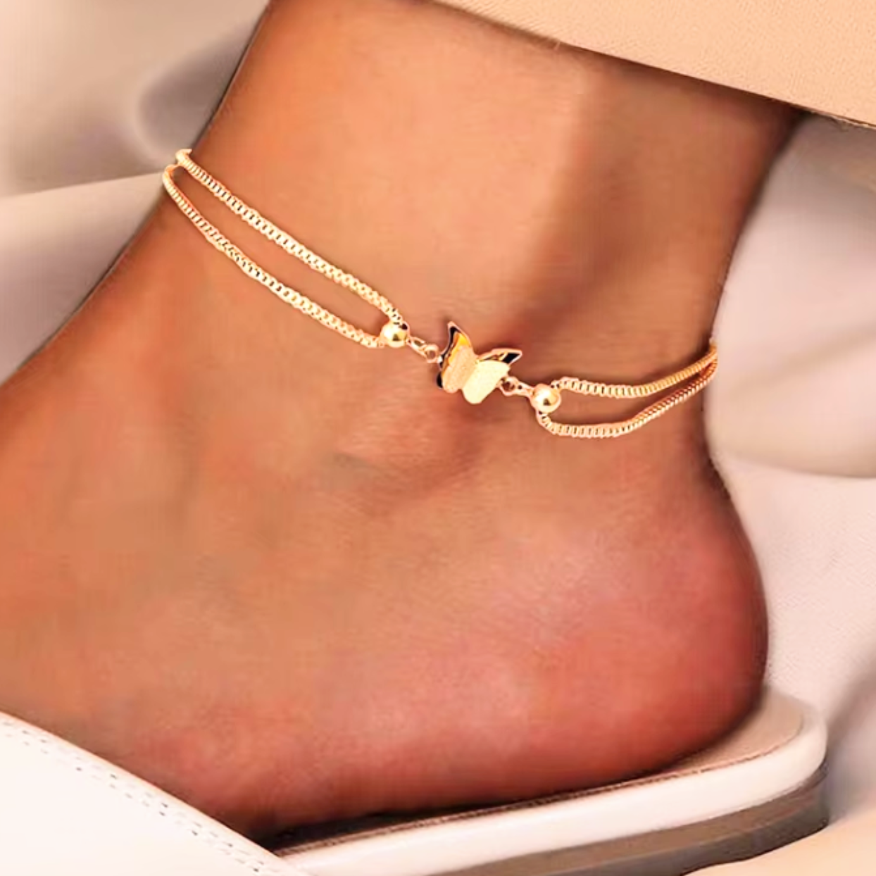 TRANSFORMATION DOUBLE CHAIN BUTTERFLY GOLD OR SILVER WATERPROOF ANKLET