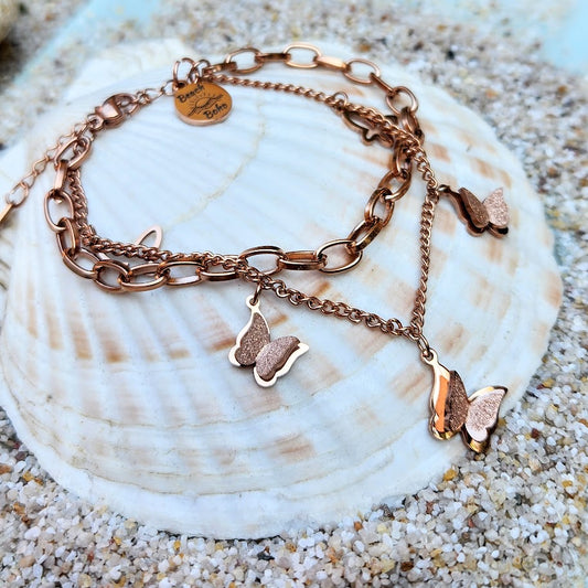 BUTTERFLIES - ROSE GOLD DOUBLE CHAIN WATERPROOF BRACELET