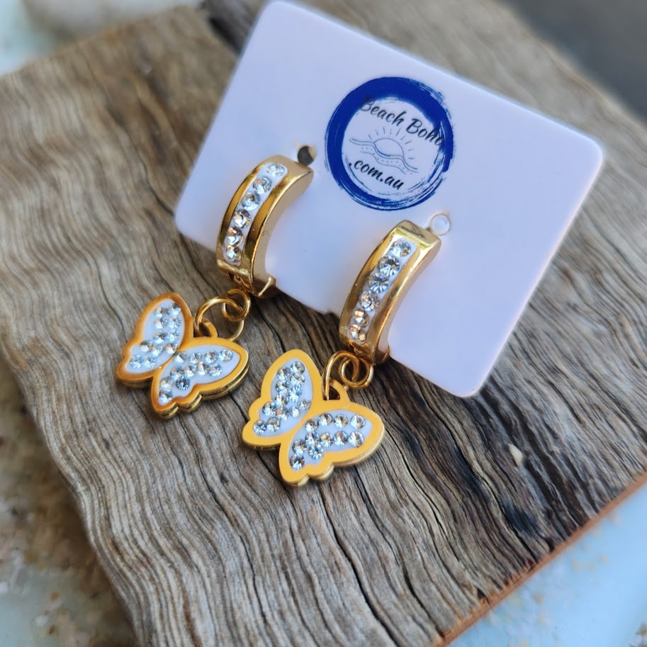 GOLDEN BUTTERFLIES -  GOLD CUBIC ZIRCONIA WATERPROOF HUGGIE EARRINGS - Premium earrings from www.beachboho.com.au - Just $45! Shop now at www.beachboho.com.au