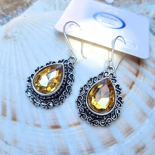 VINTAGE CITRINE GOLDEN  DROPS -  PURE SILVER HILLTRIBE HOOK EARRINGS