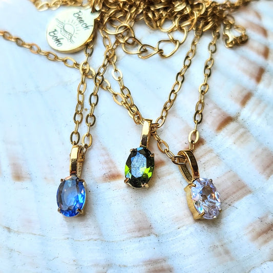 CRYSTAL DROPS - PERIDOT / AQUAMARINE / CLEAR CZ WATERPROOF GOLD NECKLACES