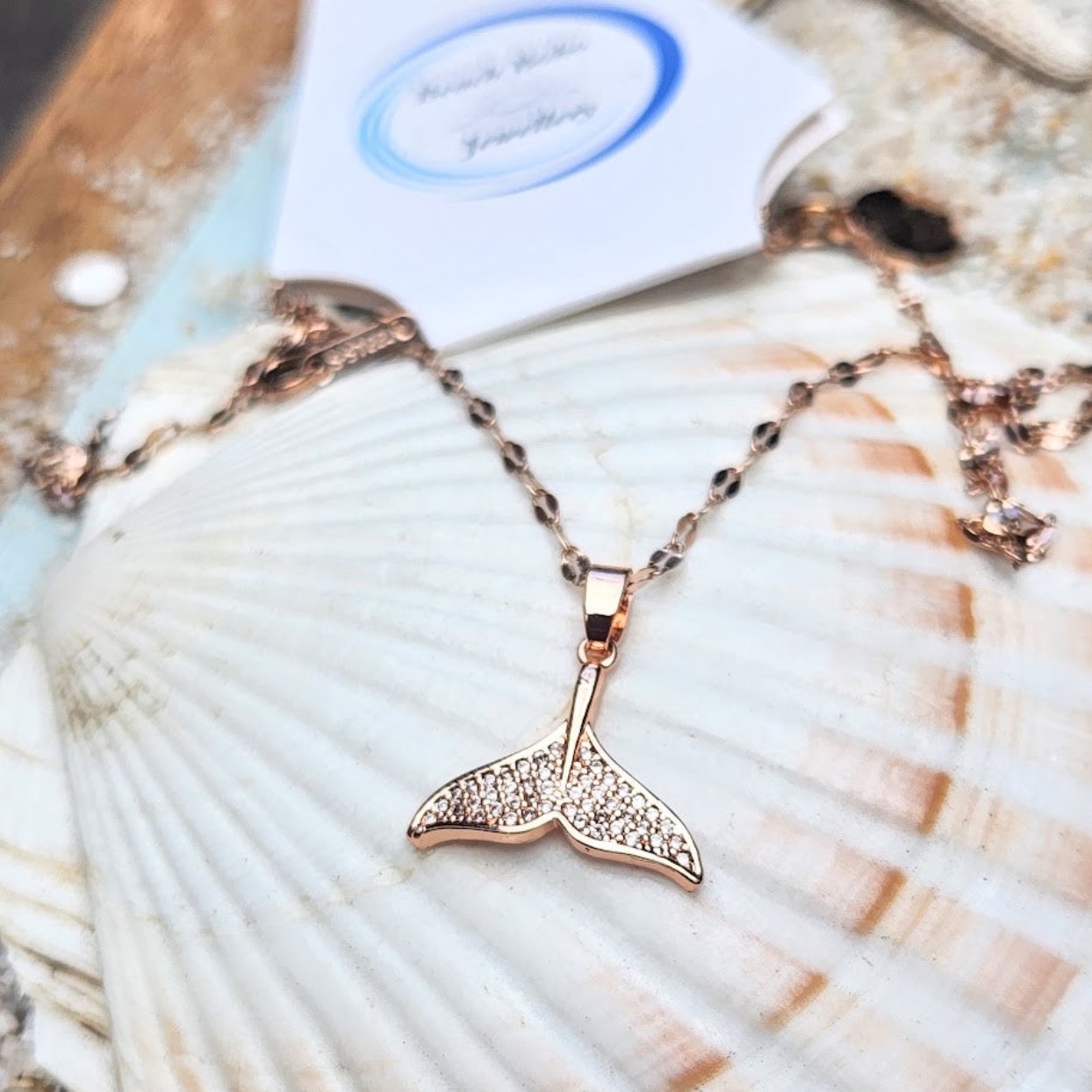 DOLPHIN TAIL CHARM -  CUBIC ZIRCONIA ROSE GOLD WATERPROOF NECKLACE