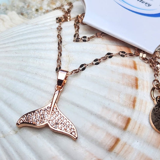 DOLPHIN TAIL CHARM -  CUBIC ZIRCONIA ROSE GOLD WATERPROOF NECKLACE