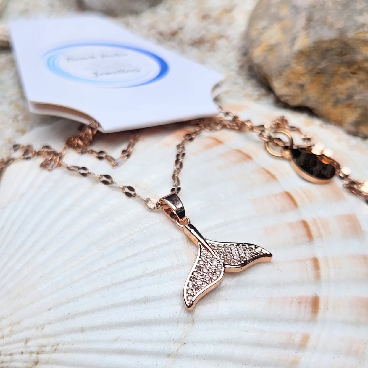 DOLPHIN TAIL CHARM -  CUBIC ZIRCONIA ROSE GOLD WATERPROOF NECKLACE