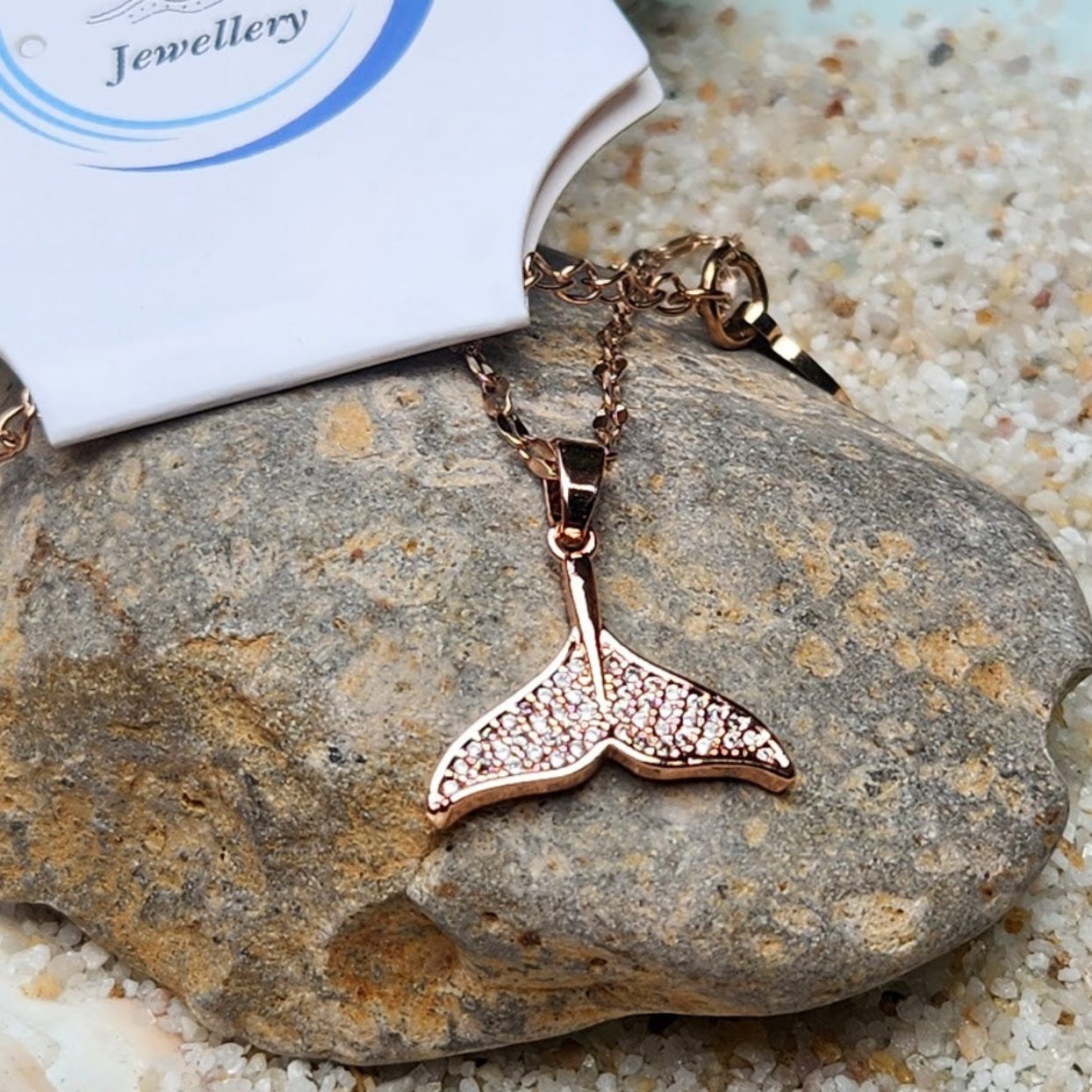 DOLPHIN TAIL CHARM -  CUBIC ZIRCONIA ROSE GOLD WATERPROOF NECKLACE