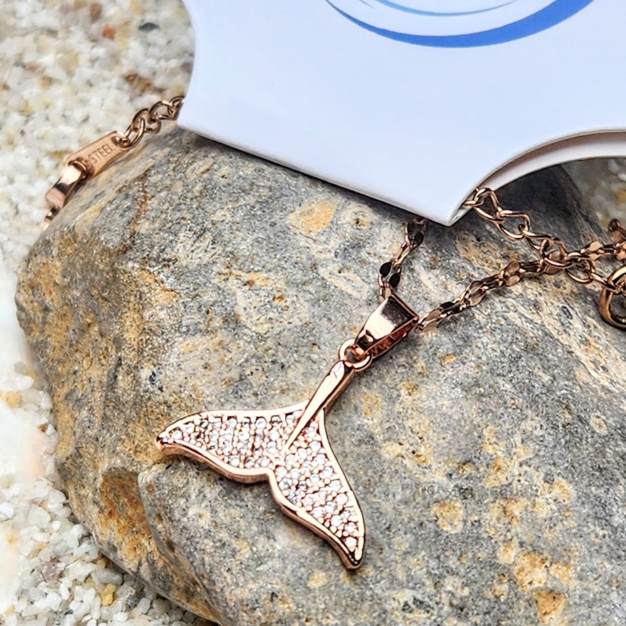 DOLPHIN TAIL CHARM -  CUBIC ZIRCONIA ROSE GOLD WATERPROOF NECKLACE