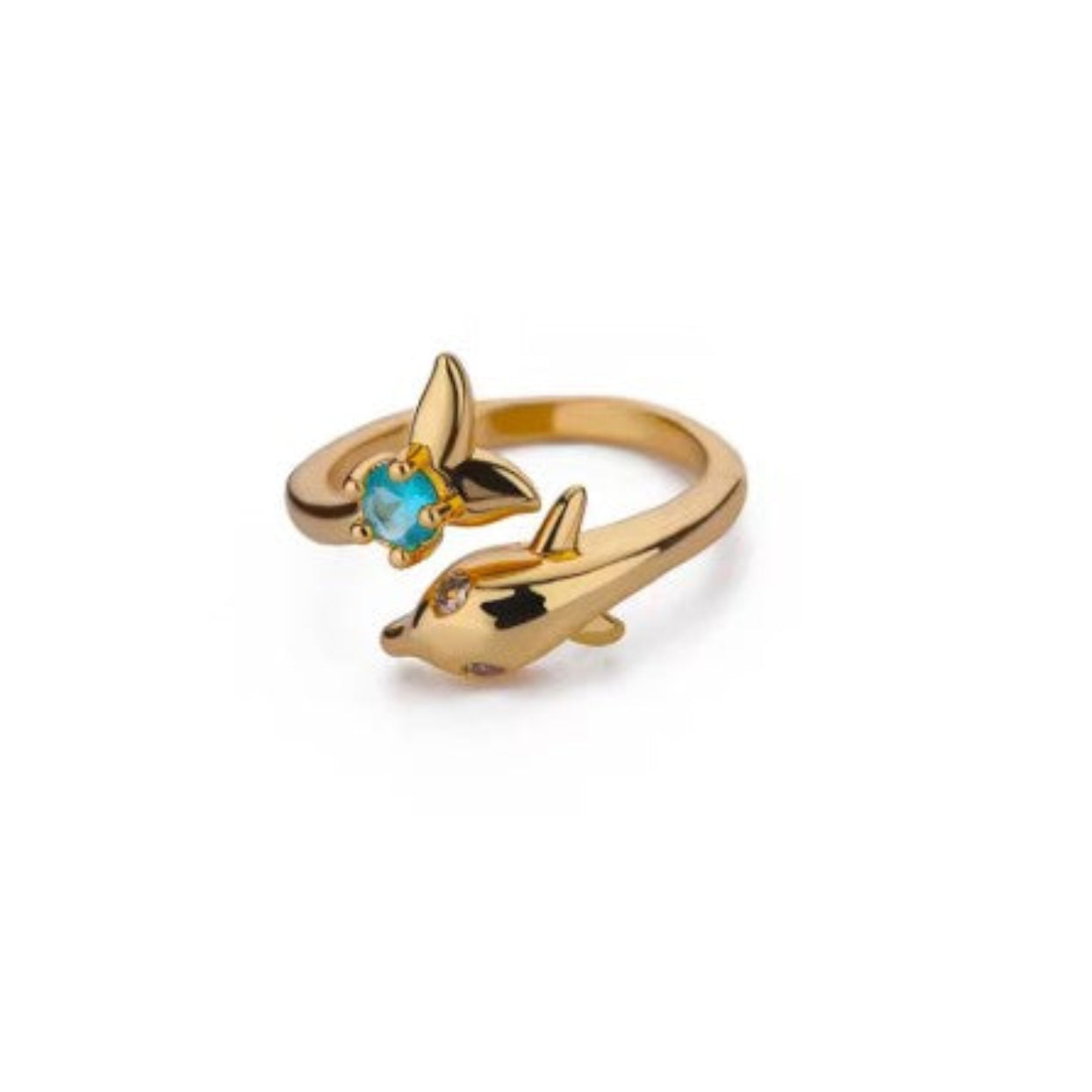 BLUE DOLPHIN  - AQUAMARINE CZ ADJUSTABLE WATERPROOF 18K GOLD RING