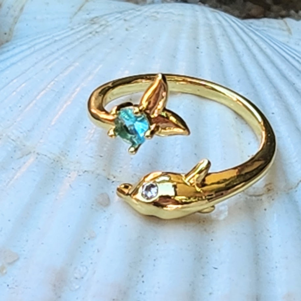 BLUE DOLPHIN  - AQUAMARINE CZ ADJUSTABLE WATERPROOF 18K GOLD RING