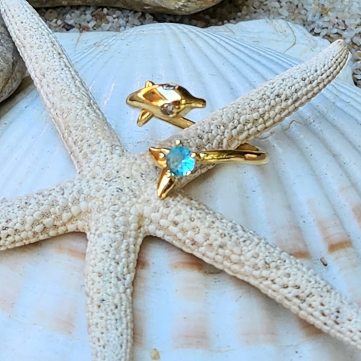 BLUE DOLPHIN  - AQUAMARINE CZ ADJUSTABLE WATERPROOF 18K GOLD RING