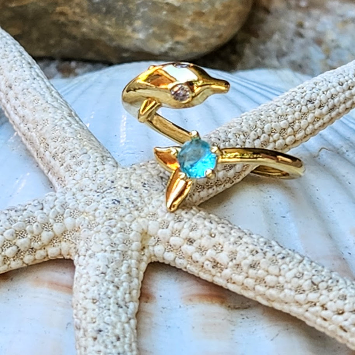 BLUE DOLPHIN  - AQUAMARINE CZ ADJUSTABLE WATERPROOF 18K GOLD RING