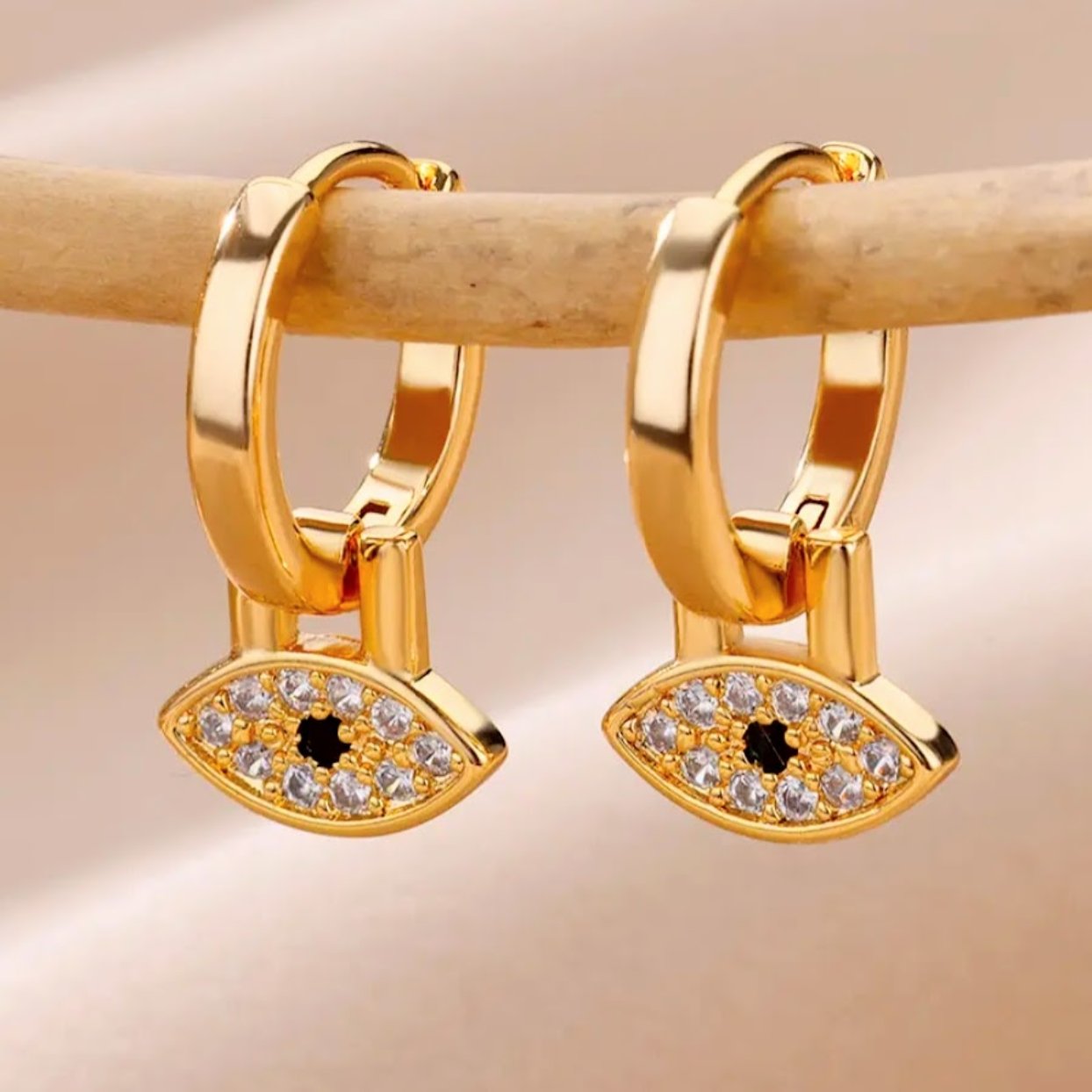 EYE OF EVIL  -  CUBIC ZIRCONIA WATERPROOF 18K HUGGIE GOLD HOOP EARRINGS