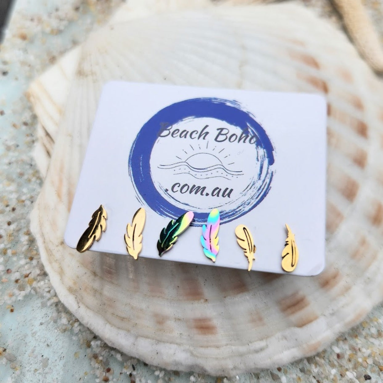 FEATHERS -  18K GOLD & RAINBOW WATERPROOF STUD EARRINGS - Premium earrings from www.beachboho.com.au - Just $35! Shop now at www.beachboho.com.au