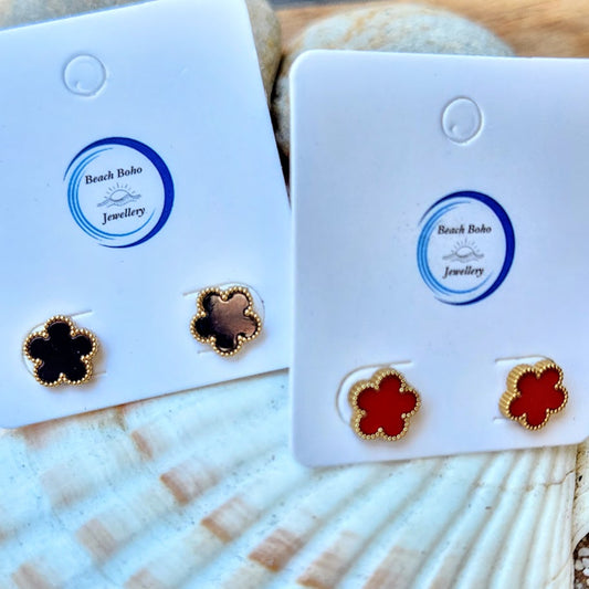 GLASS FLOWERS - RED OR BLACK WATERPROOF STUD EARRINGS