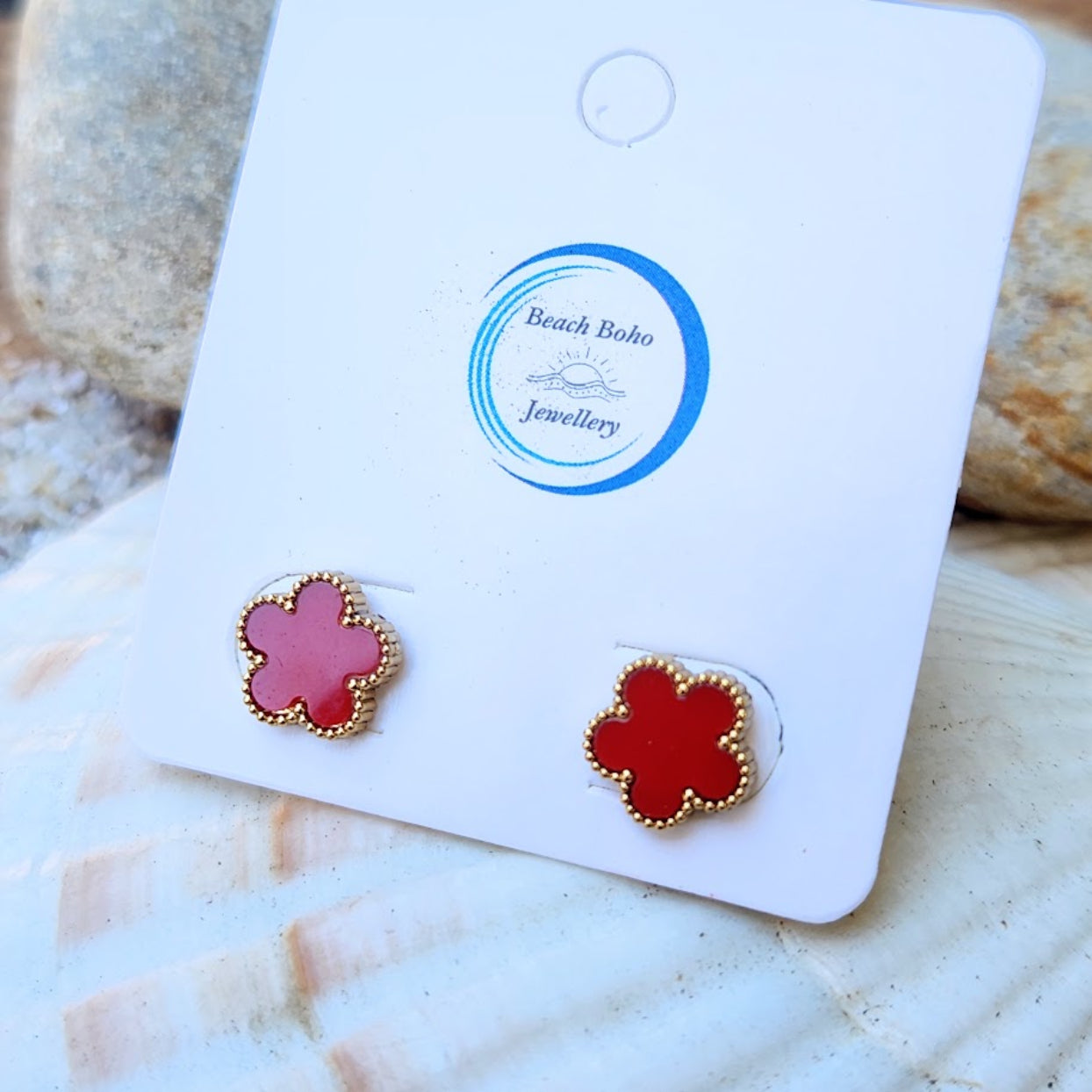 GLASS FLOWERS - RED OR BLACK WATERPROOF STUD EARRINGS