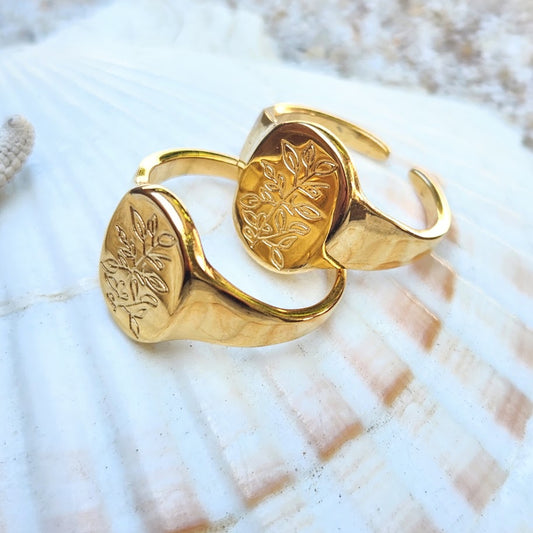 ETCHED LEAVES  - ADJUSTABLE WATERPROOF SIGNET 18K GOLD RING