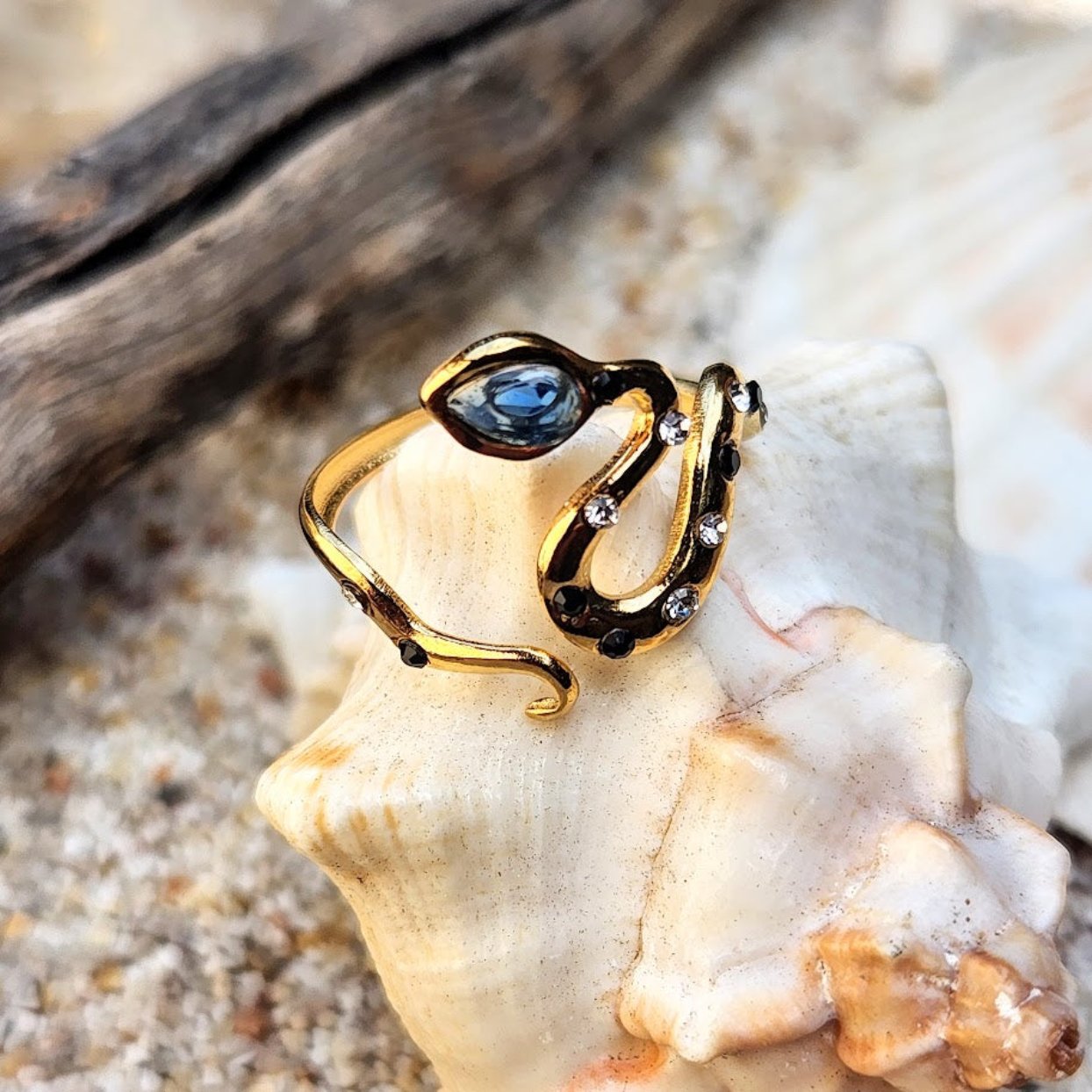 SAPPHIRE SNAKE  - ADJUSTABLE CUBIC ZIRCONIA WATERPROOF 18K GOLD RING