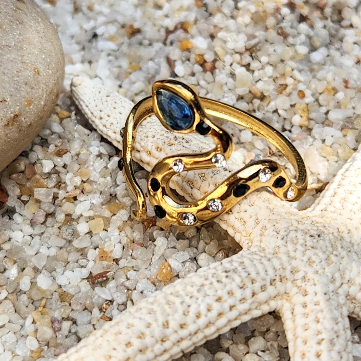 SAPPHIRE SNAKE  - ADJUSTABLE CUBIC ZIRCONIA WATERPROOF 18K GOLD RING