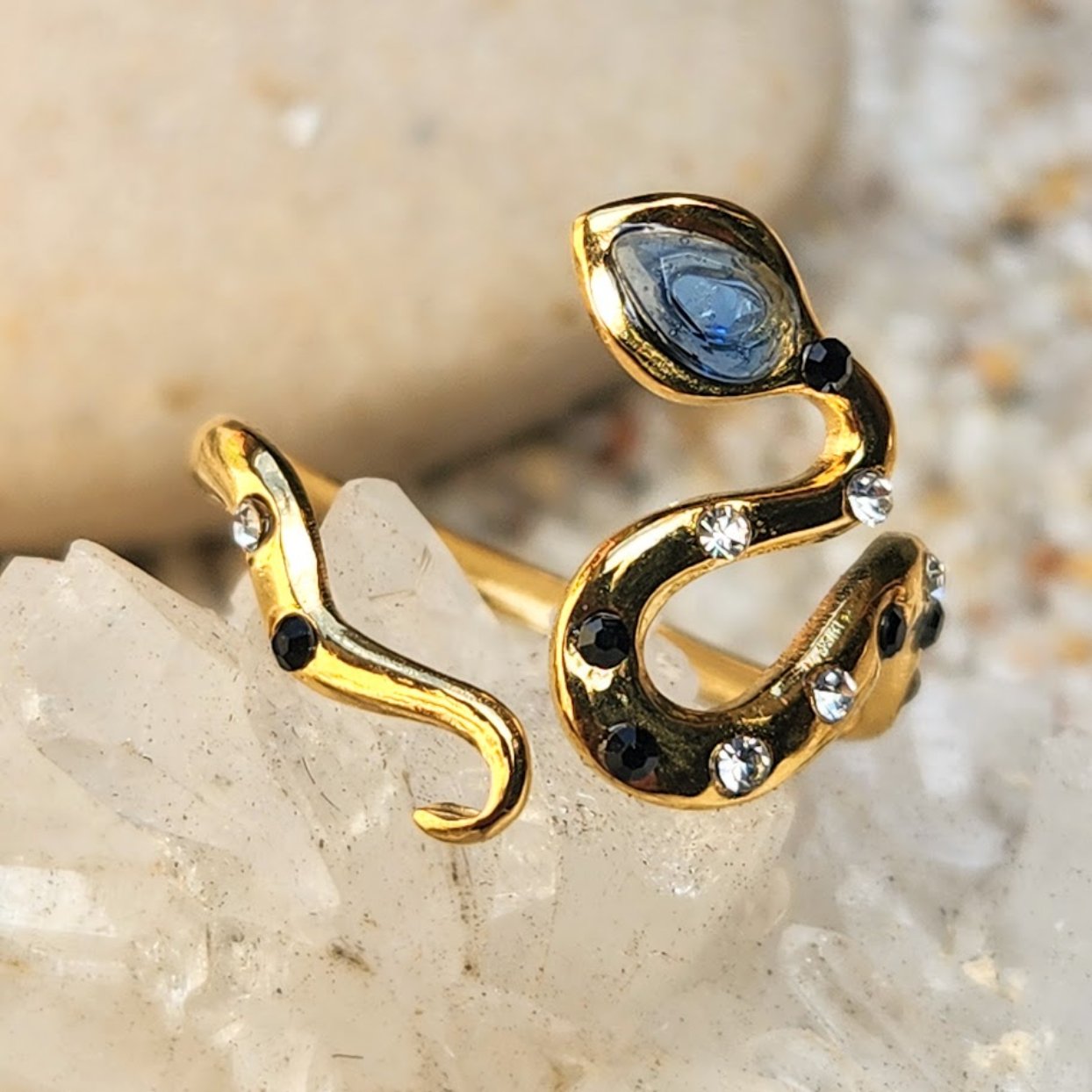 SAPPHIRE SNAKE  - ADJUSTABLE CUBIC ZIRCONIA WATERPROOF 18K GOLD RING