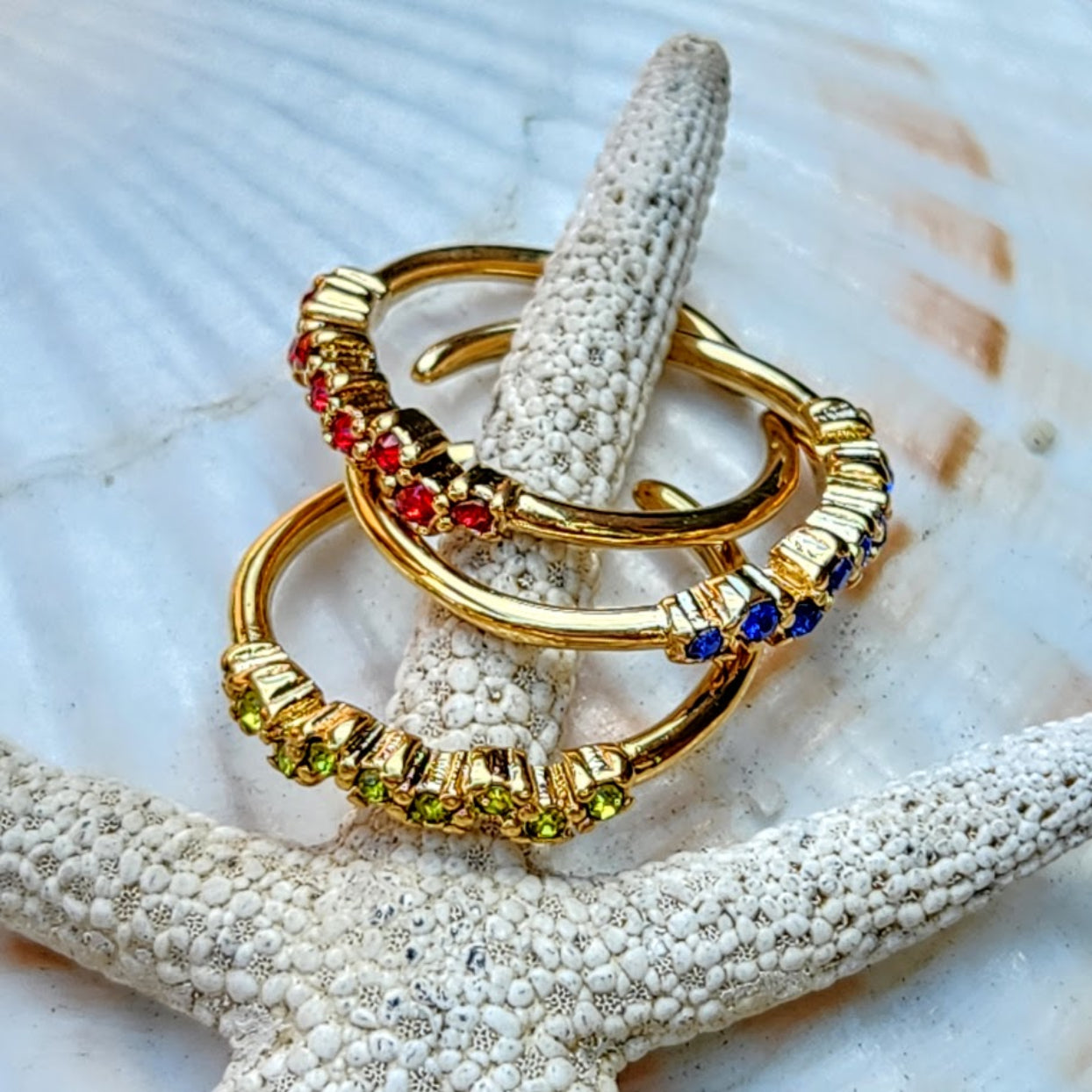 WAVES - PERIDOT / RUBY / SAPPHIRE 18K RINGS - ADJUSTABLE WATERPROOF