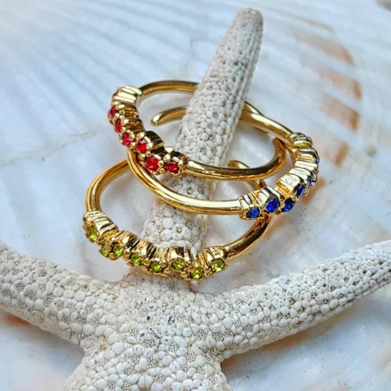 WAVES - PERIDOT / RUBY / SAPPHIRE 18K RINGS - ADJUSTABLE WATERPROOF