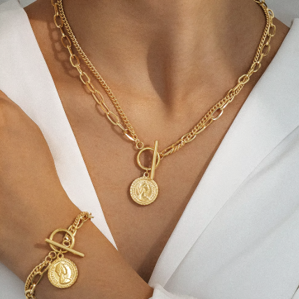 MONNAIE COIN BRACELET & NECKLACE SET - WATERPROOF 18K GOLD