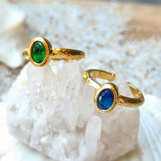 EMERALD OR SAPPHIRE CUBIC ZIRCONIA 18K  RINGS - ADJUSTABLE WATERPROOF