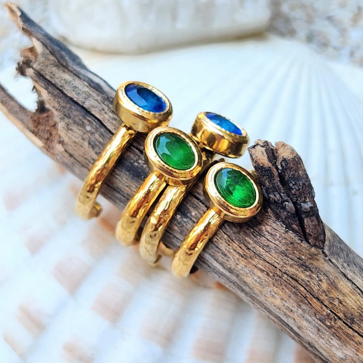 EMERALD OR SAPPHIRE CUBIC ZIRCONIA 18K  RINGS - ADJUSTABLE WATERPROOF