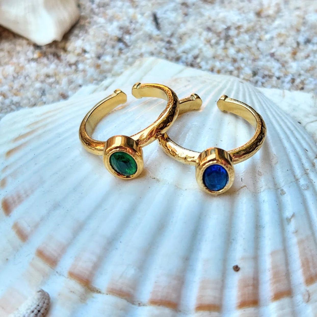 EMERALD OR SAPPHIRE CUBIC ZIRCONIA 18K  RINGS - ADJUSTABLE WATERPROOF