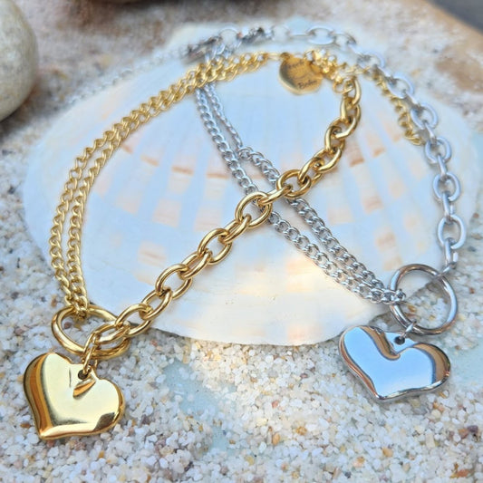 GOLD & SILVER HEART DOUBLE CHAIN LINK WATERPROOF BRACELET