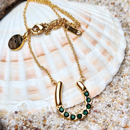 HORSESHOE LUCK  - WATERPROOF 18K GOLD EMERALD NECKLACE