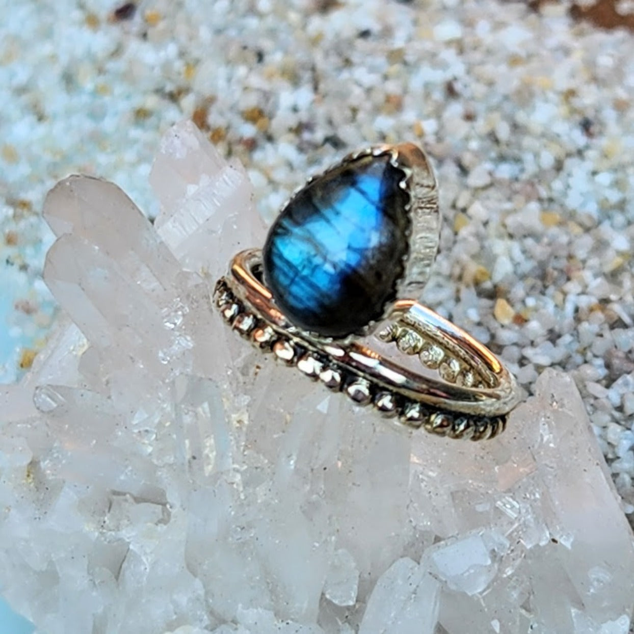 Natural Labradorite London Blue good & White Topaz Ring Size 7 - Northern Lights - Creativity