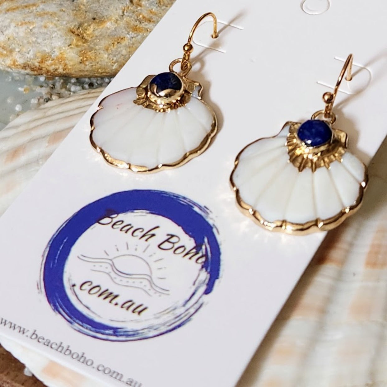 ROYAL BLUE WAVES - CARVED SHELL ELECTROPLATED HOOK EARRINGS - Premium earrings from www.beachboho.com.au - Just $40! Shop now at www.beachboho.com.au